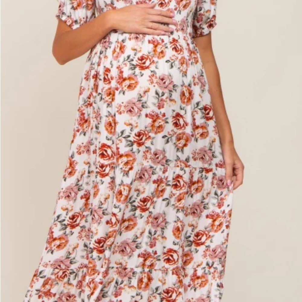 Pinkblush Cream and Pink Floral Smocked Square Neck Tiered Maternity Maxi Dress